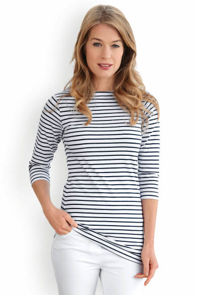 T-shirt long Femme - Manche 3/4 blanc/bleu navy
