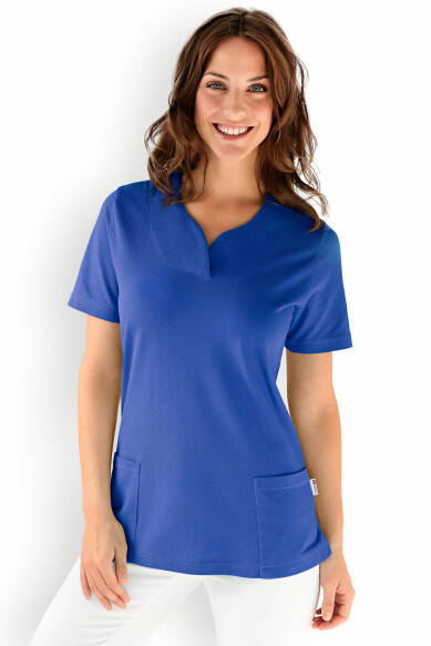 Piqué long-shirt dames - diagonale halslijn koningsblauw