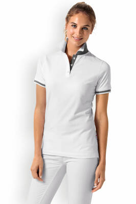 Stretch Shirt Damen - Polokragen weiß/dunkelgrau melange