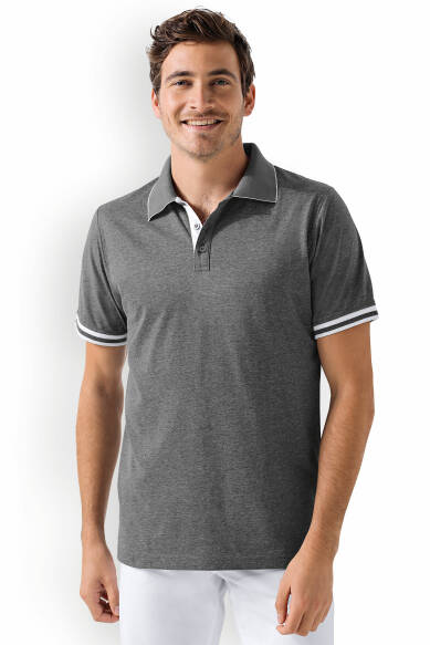 T-shirt Stretch Homme - Col polo - Patte de boutonnage contrastante - gris chiné foncé/blanc