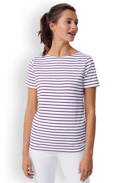 Damen-Ringelshirt Rundhals Weiss Lila
