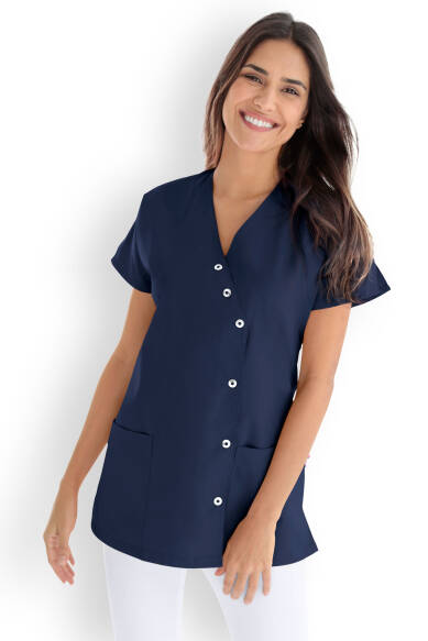 Frauen Satin Kittel  Schürze Push Button In Bluse S TO 3XL Navy blau 