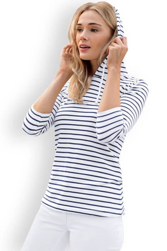 T-shirt à capuche Femme - Manche 3/4 blanc/bleu navy