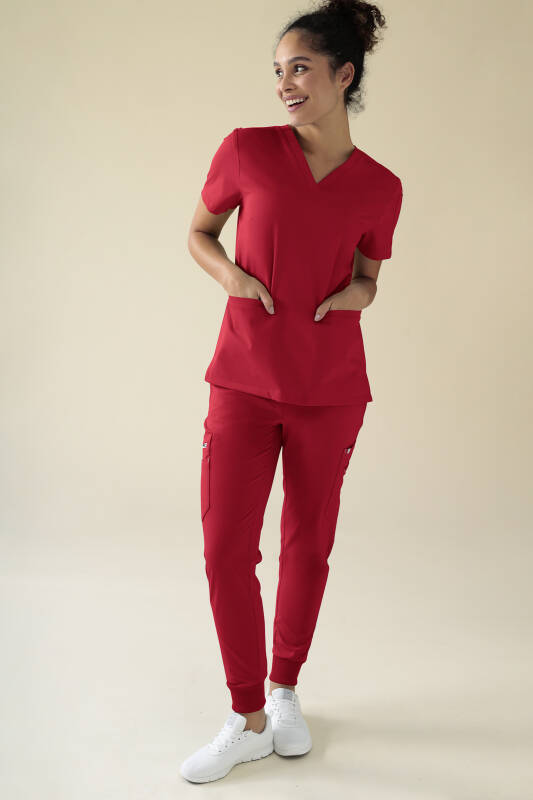 KAERE Pantalon Femme - avec poches cargo et ourlets côtelés rouge
