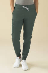 KAERE Pantalon Femme - avec poches cargo et ourlets côtelés vert foncé
