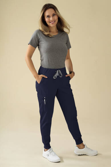 KAERE Pantalon Femme - avec poches cargo et ourlets côtelés Taille courte bleu navy