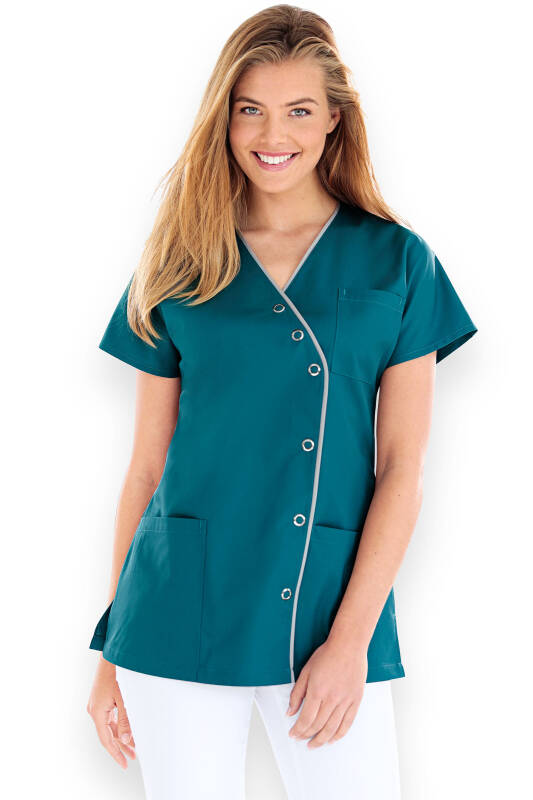 Beauty tuniek dames - asymmetrische knoopsluiting petrol/grijs