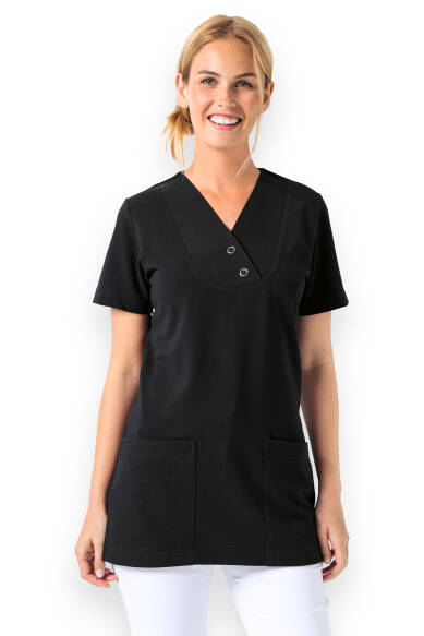 Piqué Longshirt Damen - V-Ausschnitt schwarz