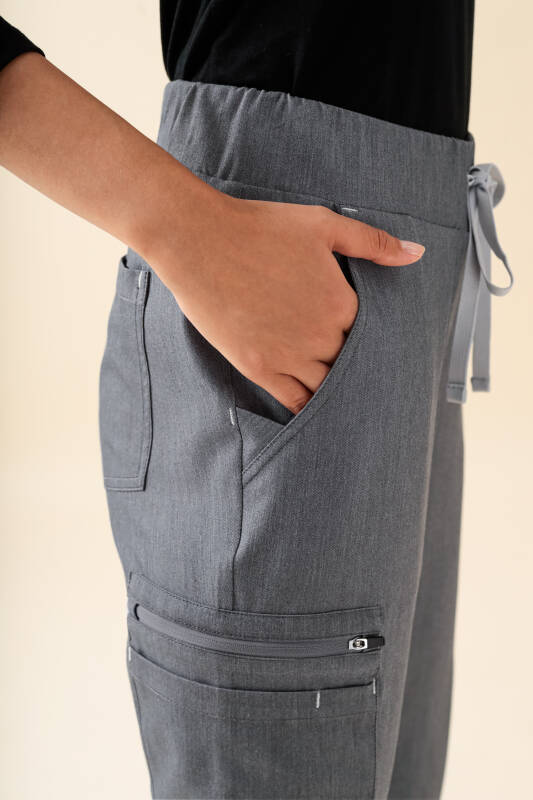 KAERE Pantalon Femme - avec poches cargo et ourlets côtelés gris chiné