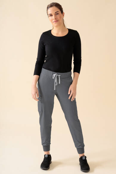 KAERE Pantalon Femme - avec poches cargo et ourlets côtelés Taille courte gris chiné