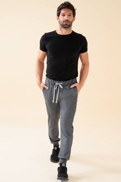 KAERE Pantalon Homme - avec poches cargo et ourlets côtelés Taille courte gris chiné