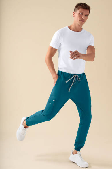 KAERE Pantalon Homme - avec poches cargo et ourlets côtelés pétrole