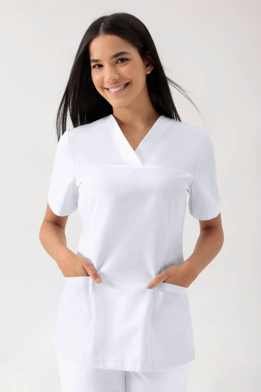 Stretch Schlupfkasack Damen - V-Ausschnitt weiß