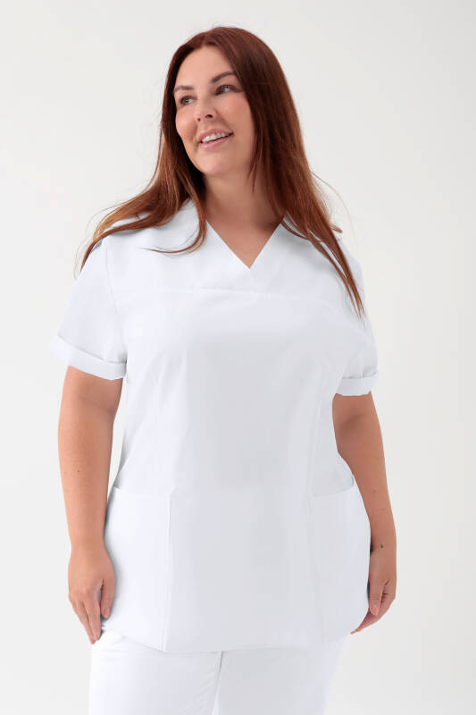 Stretch Schlupfkasack Damen - V-Ausschnitt weiß