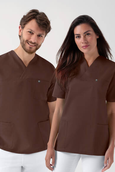 GREEN Stretch oversteektuniek uniseks - V-hals coffee