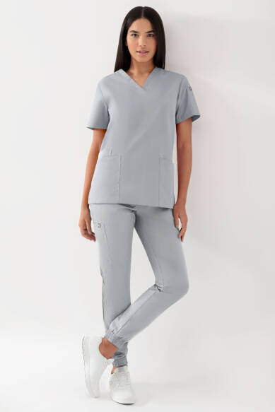 GREEN Stretch Schlupfkasack Damen - V-Ausschnitt perlgrau