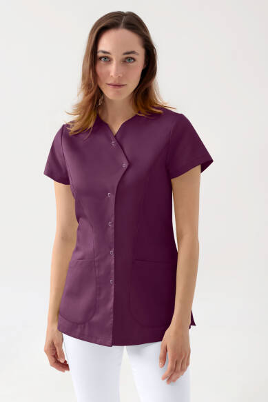 GREEN Stretch Kasack Damen - asymmetrische Druckknopfleiste pflaume