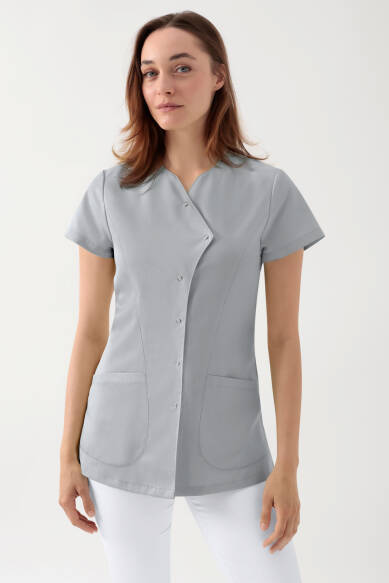 GREEN Stretch Kasack Damen - asymmetrische Druckknopfleiste perlgrau