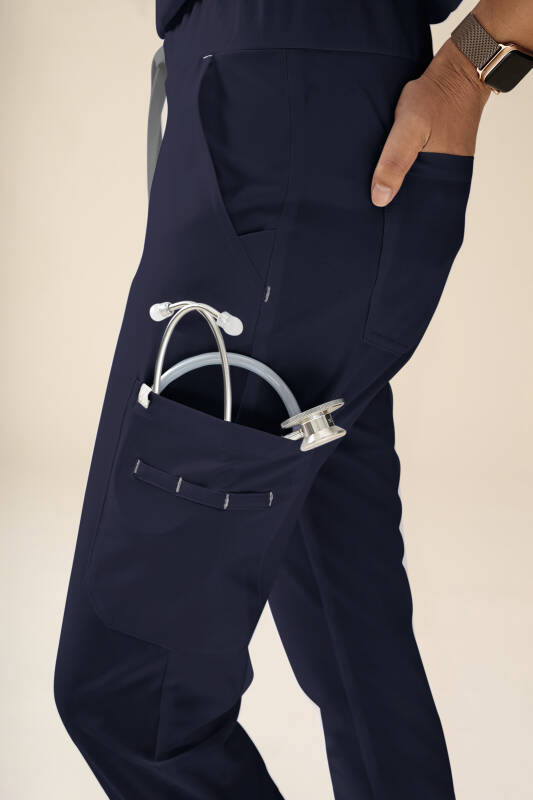 KAERE Pantalon Femme - avec poches cargo et ourlets côtelés bleu navy